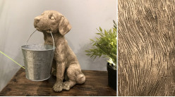 Statuette de chien imitation pierre avec  seau en métal 28 cm
