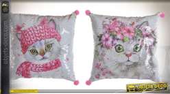 Série de deux coussins à paillettes motifs chatons style girly 40 x 40 cm