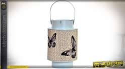 Lanterne bougeoir en métal gris clair et bambou, illustations à motifs de papillons