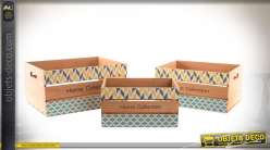 Série de 3 caisses gigognes en bois finition à motifs géométriques 40 x 30 cm