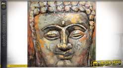 Tableau en bois et métal peint à la main : tête de bouddha 80 x 80 (relief : 77 cm)