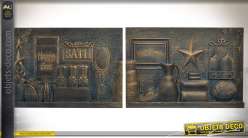 Duo déco murales en bois finition bronze doré vieilli sur le thème du bain 60 cm