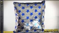 Coussin argenté à paillettes réversibles motifs étoiles bleues 40 x 40 cm