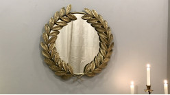 Miroir rond en métal, esprit Rome antique, finition métal doré, branche de laurier 56cm