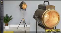 Lampe tripode en métal style ancien projecteur, lumière dorée esprit industriel 140cm
