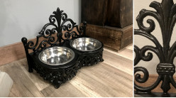 Gamelle pour chien en fonte finition noir charbon, formes baroques, 2 bols inox, 32cm