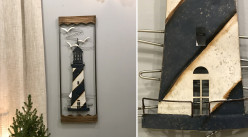 Décoration murale en métal et bois : phare marin 89,5 cm