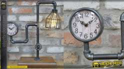 Luminaire secondaire et horloge de table, en bois et métal style ancienne canalisation, fonctionnant sur batterie