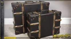 Série de 2 valises décoratives anciennes en bois et laiton doré 49 cm