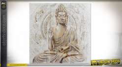 Grand tryptique en bois et toile représentant Bouddha en méditation, couleurs douces et chaleureuses, 120cm en trois parties