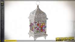 Lampe lanterne argentée avec mosaïque multicolore style oriental