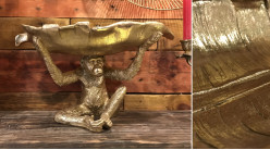 Statuette d'un singe en résine finition dorée brillante avec grande feuille creuse sur la tête esprit vide poche, 38cm