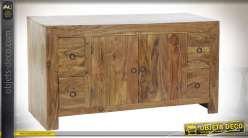 Meuble d'appoint en bois d'acacia massif, richement veiné et texturé finition naturelle, 2 portes et 4 tiroirs, 110cm