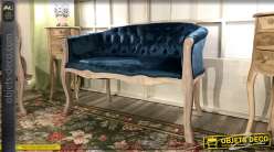 Banquette esprit Louis XV en bois blanchi et velours finition ClassicBlue, 107cm