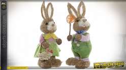 Série de deux lapins en fibres naturelles sur base de polyester, style décoration de Paques, 32cm