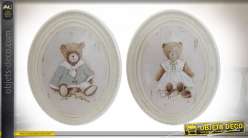 Série de deux cadres ovales en bois, motifs d'ours style vieille demeure esprit romantique, 25cm