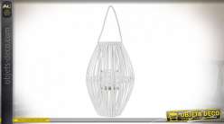 Lanterne en osier blanchi avec corde et cylindre de verre, style romantique, 50cm