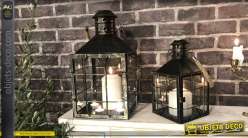 Set de 2 lanternes en métal noir et verre de style industriel 46 cm
