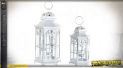 Série de 2 lanternes hexagonales style anglais métal blanc vieilli