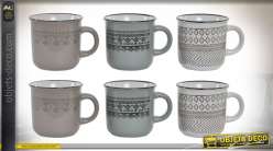 Série de 6 tasses à café en grès, motifs de style sud américain incas, 90ml