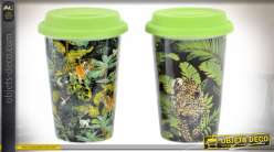 Série de deux mug en porcelaine avec impressions de motifs tropicaux ambiance jungle, couvercles en silicone, 400ml