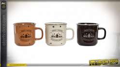 Série de trois mugs en grès, finition chocolat noir, crème et brun noisette, style campagne chic, 480ml