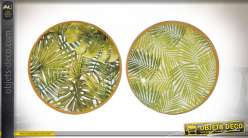 Série de deux assiettes décoratives avec motifs de feuilles tropicales et reflets dorés, Ø13cm