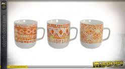 Série de 3 tasses en porcelaine avec motif style ethnico chic colorés et vifs, 380 ml
