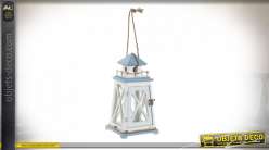 Lanterne style bord de mer en bois blanche et bleue 32 cm