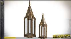 Série de 2 grandes lanternes style gothique sapin patine dorée 130 cm