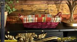 Panier en éclisse de noisetier teintée rose bordeaux, anses de transport et doublure coton motifs bayadères, 38cm