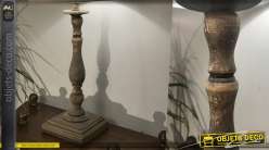 Pied de lampe en bois tourné, base carrée, finition bois effet brossé vieilli avec reflets clairs, 52cm