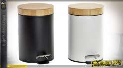 Série de deux corbeille à papier ou poubelles de salle de bain, noire et blanche avec bambou naturel, style moderne, 24cm