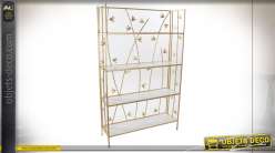 Bibliothèque en métal finition doré, 4 étagères en verre, esprit nature chic avec feuilles de bambou, 160cm