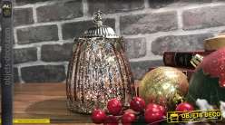 Petite lanterne en verre irisé vieux rose et en métal argenté vieilli style feuilles, éclairage LED à piles, 13cm