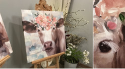 Tableau champêtre avec représentation d'une vache couronnée de fleurs, 70cm