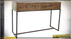 Console à deux tiroirs en bois d'acacia et métal finition brun foncé et noir de style chalet moderne, 120cm