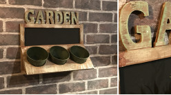 Jardinière murale en bois avec 3 pots en métal, partie tableau noir pour message à la craie, finition vintage, 35cm