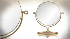 Miroir de table inclinable en métal finition doré ancien effet brossé, forme ronde ambiance rétro, 43cm