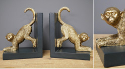 Paire de serre-livres en résine représentant deux singes en finition dorée brillante, ambiance safari noir et or, 20cm