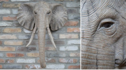 Grande tête d'éléphant murale style trophée, en résine effet bois sculpté, finitions douces et chaudes, ambiance safari, 75cm