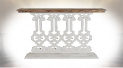 Console baroque esprit gothique en sapin, patine blanche et bois naturel 147 cm