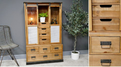 Meuble d'appoint en bois de sapin avec portes vitrées coulissantes, 8 tiroirs de rangements, ambiance rustique industrielle, 138cm