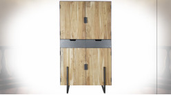 Grande armoire en métal et bois d'acacia finition naturelle ambiance moderne, 185cm