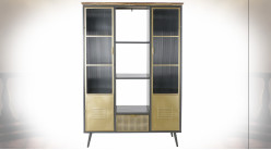 Bibliothèque en verre ondulé et métal finition noire et dorée de style industriel, 182cm