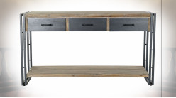 Console en métal et bois de sapin finition naturelle ambiance atelier, 140cm
