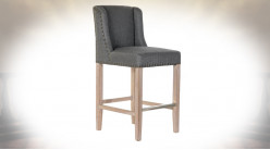 Chaise de bar de style classique en bois de caoutchouc, assise en lin gris et clous de tapissier, 104cm