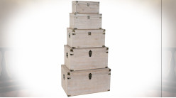 Série de 5 coffres de rangement en bois finition naturelle blanchie, 64cm