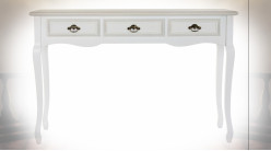 Console 3 tiroirs en bois finition blanche, pieds galbés de style romantique, 120cm