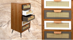 Meuble d'appoint à 5 tiroirs en bois et habillage cannage clair, ambiance rétro moderne, 94cm